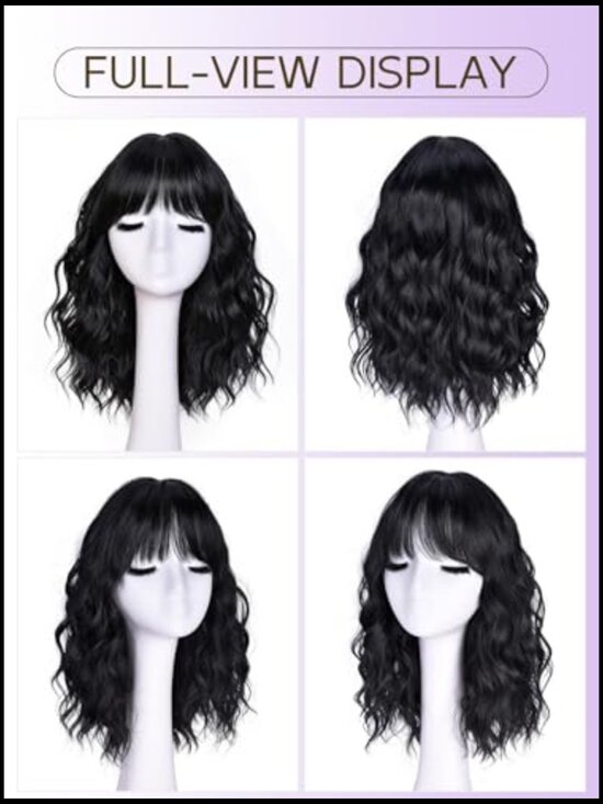 Short Wavy Wig with Bangs Natural Look Synthetic Hair Full Head Cap 14inch main image 2